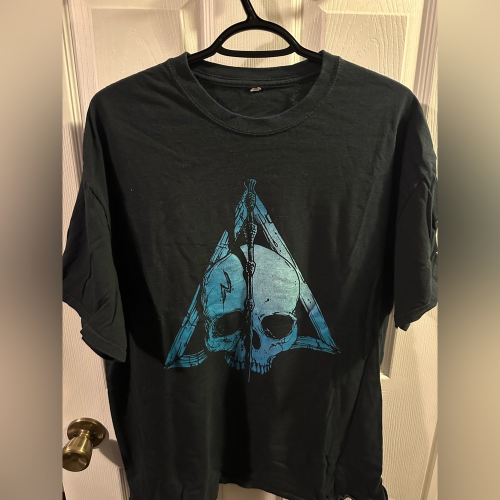 Loot Crate - Men’s XL - Black Graphic T-Shirt with Blue Deathly Hallows Design